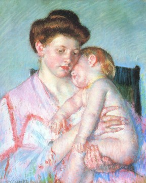 three women at the table by the lamp Painting - Sleepy Baby mothers children Mary Cassatt
